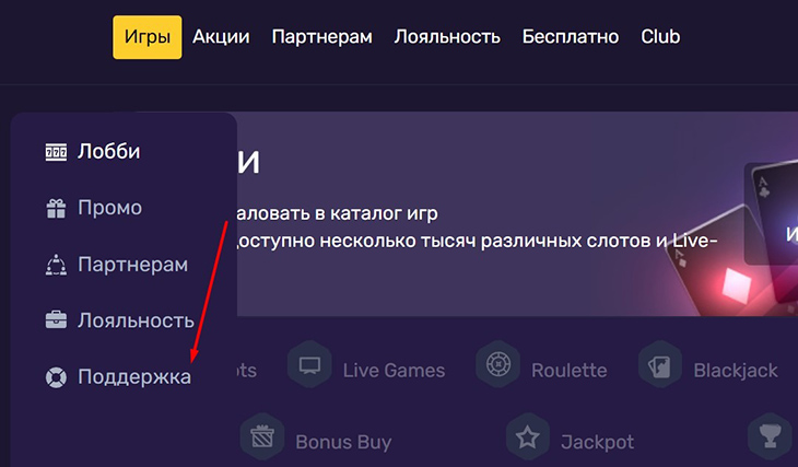 Меню поддержки